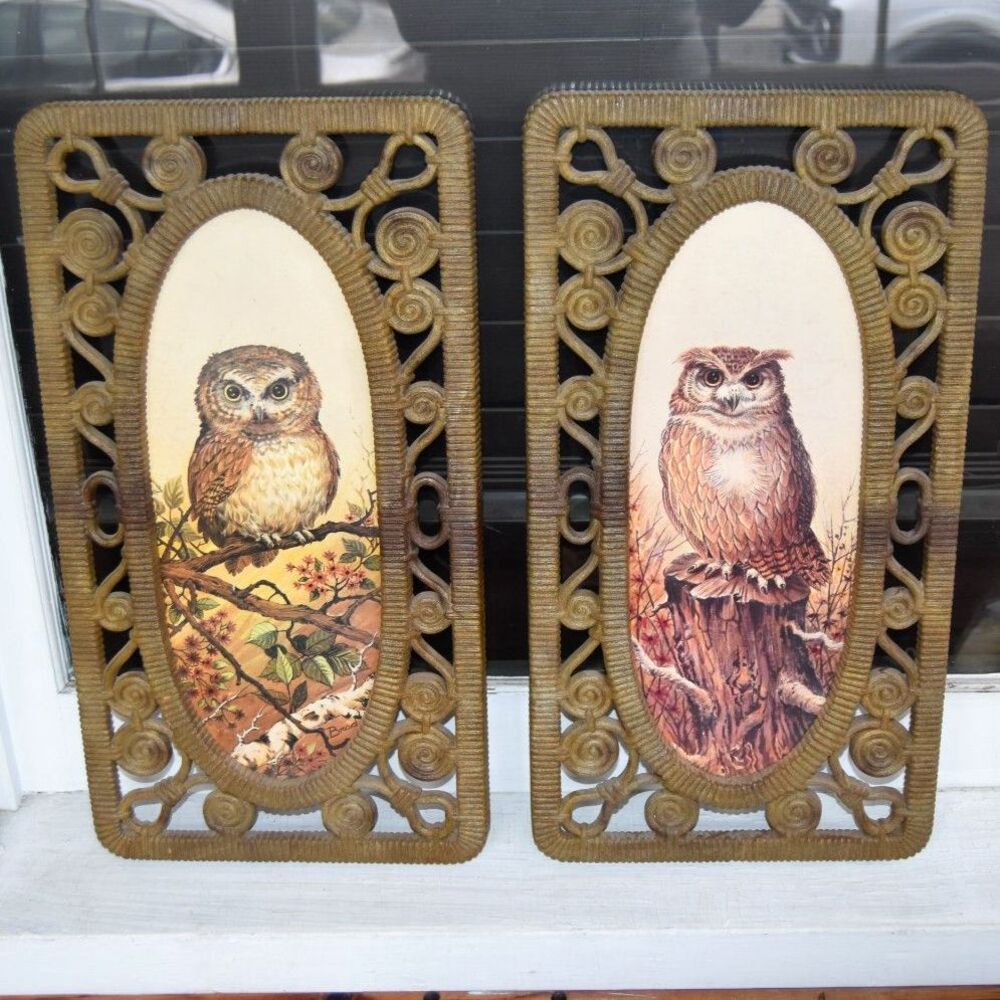 Vintage Dart Industries Owl Wall Art Plaques Pair 1977 Faux Wicker 18.5" x 10"